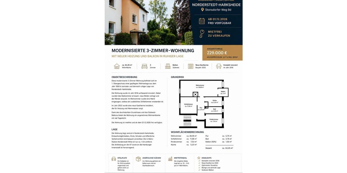 Etagenwohnung Quickborn Friedrichsgabe - 3 Zimmer, 64 m&sup2;, 229.000&euro; | Angebot:26901080