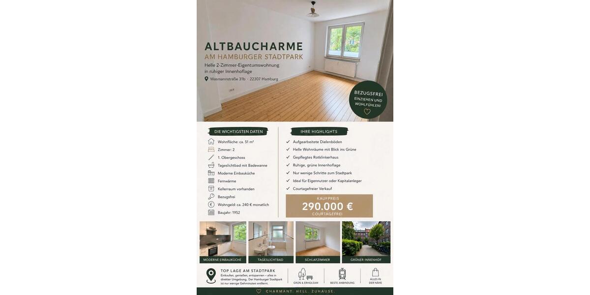 Etagenwohnung Hamburg Barmbek-Nord - 2 Zimmer, 51 m&sup2;, 290.000&euro; | Angebot:26882167
