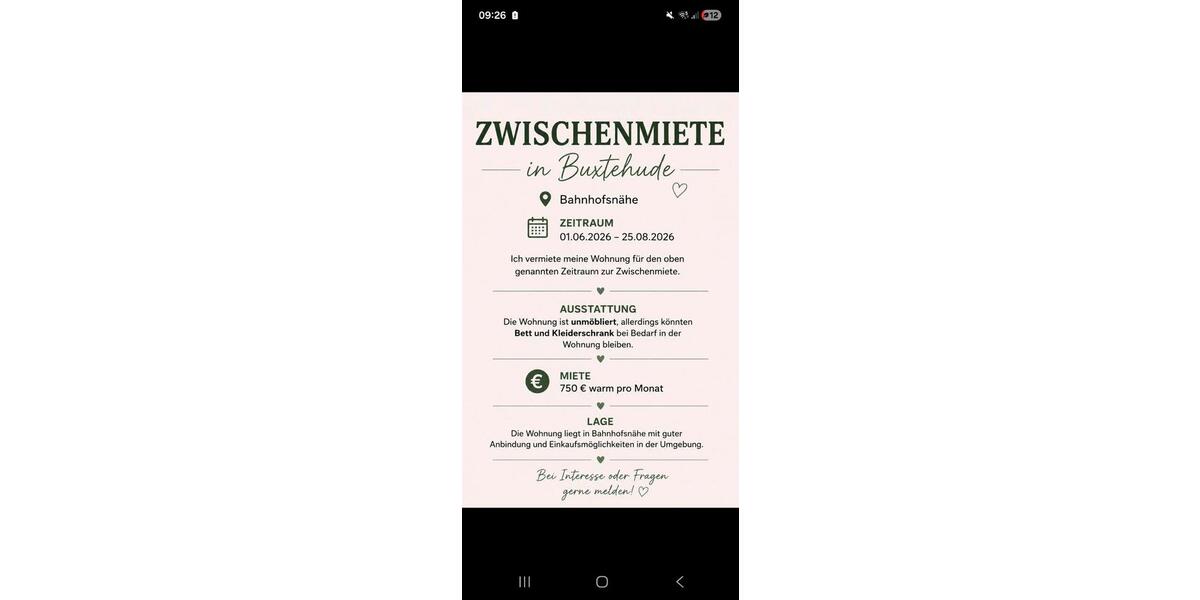 Etagenwohnung Buxtehude - 2 Zimmer, 52 m&sup2;, 750&euro; | Angebot:26619811