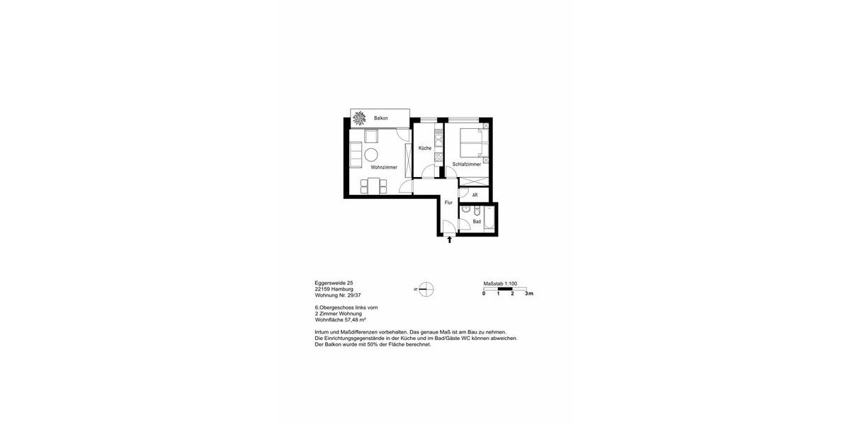 Etagenwohnung Hamburg Wandsbek - 2 Zimmer, 57 m&sup2;, 615&euro; | Angebot:26180064