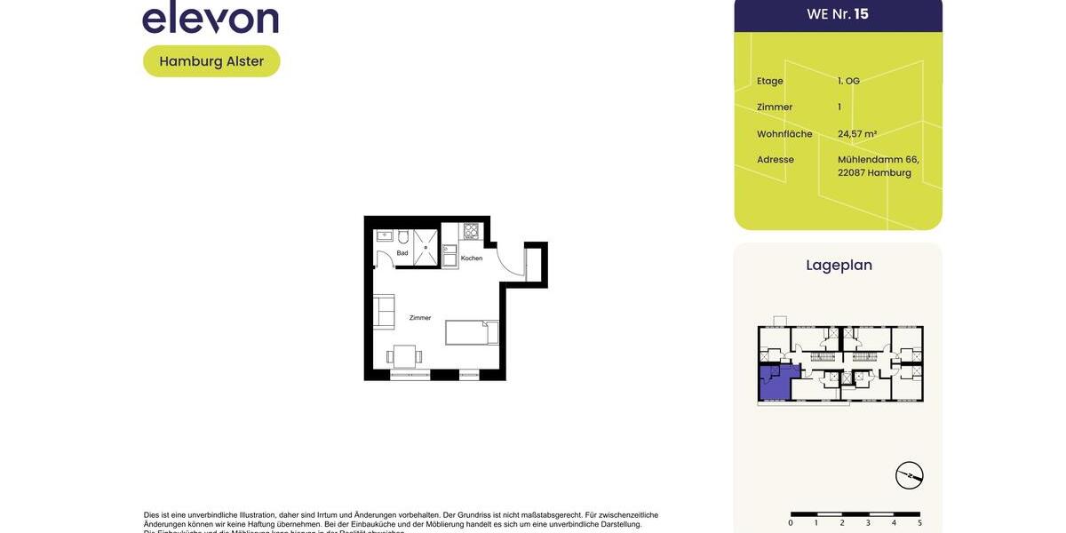 Etagenwohnung Hamburg Hohenfelde - 1 Zimmer, 25 m&sup2;, 734&euro; | Angebot:25368968