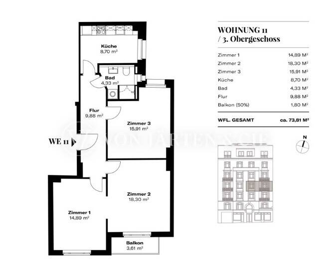Etagenwohnung Hamburg Uhlenhorst - 3 Zimmer, 74 m&sup2;, 899.000&euro; | Angebot:25996644
